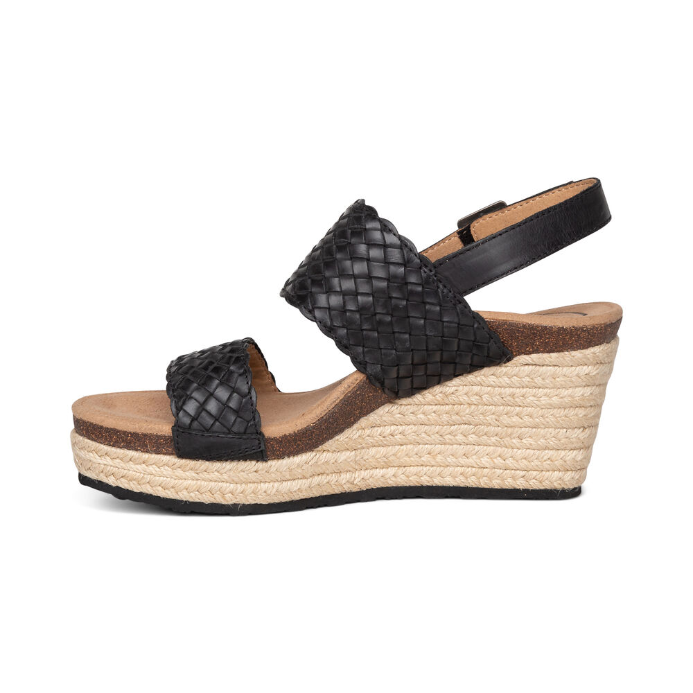 Aetrex Women's Summer Woven Quarter Strap Wedge Sandals - Black | USA YXVU95D